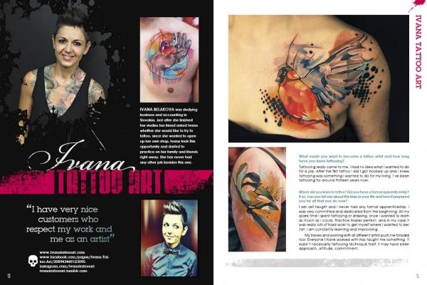 A magazine spread highlights The Women of Ink by Schiffer Publishing, Ltd., featuring Ivana Belakova's vibrant watercolor tattoos of birds and abstract designs, offering readers inspiration and insight into her artistic vision.