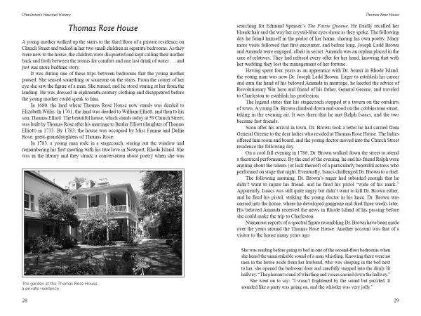 Black and white image from "Ghosts and Legends of Charleston, South Carolina" by Schiffer Publishing, Ltd.—a two-story historic house with white columns and a wrought iron fence, evoking the city’s legendary haunted tales.