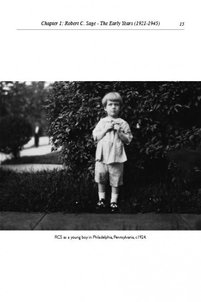 A black and white photo of a young boy on a sidewalk, hands together, with bushes behind him, from The Clay Pigeons by Schiffer Publishing, Ltd. Caption: Future B-17 pilot RCS as a boy, Philadelphia, c. 1924.