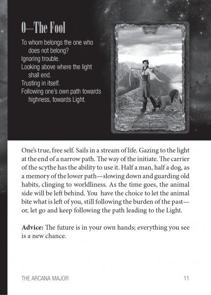 Discover “0—The Fool” from Tarot Gothica by Schiffer Publishing, Ltd.—a card featuring a poem on self-trust, guidance text, and artwork of a person with a dog, offering advice on new beginnings and personal choice.