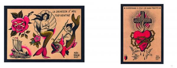 Italian Tattoo Flash by Schiffer Publishing, Ltd.: Left, a mermaid, child on fish, rose, and sailboat with Italian text; right, sacred heart with birds and cross—vintage Milan tattoo art inspired by Stizzo.