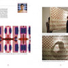 A two-page spread in Schiffer Publishing, Ltd.'s "Stars & Stripes" showcases Barbara Essig Carrillo’s photo, her symmetrical red and blue artwork, and two viewers admiring a large, text-covered fabric installation.