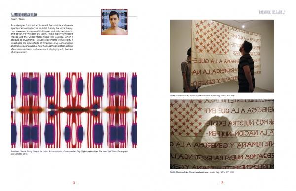 A two-page spread in Schiffer Publishing, Ltd.'s "Stars & Stripes" showcases Barbara Essig Carrillo’s photo, her symmetrical red and blue artwork, and two viewers admiring a large, text-covered fabric installation.