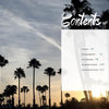 A sunset silhouette of palm trees with a translucent white contents box and sections listed in the upper right, "Contents" in a bold font—capturing the AOI Ink Nymphs Los Angeles tattoo book by Schiffer Publishing, Ltd.