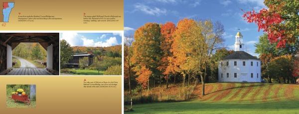 Schiffer Publishing, Ltd.'s "Vermont" showcases a white historic church on a hill amid colorful fall foliage, plus photos of a red covered bridge, a rustic stream bridge, and a basket of apples—ideal for Vermont autumn photography lovers.