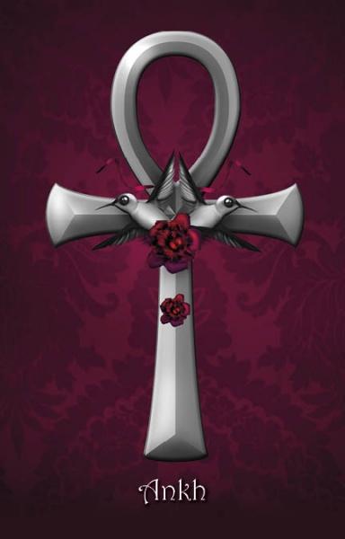 A silver ankh with two hummingbirds and red roses at the center on a dark maroon background evokes oracle card mystique. "Ankh" appears below in elegant script. From The Witch's Oracle, 2nd Edition by Schiffer Publishing, Ltd.