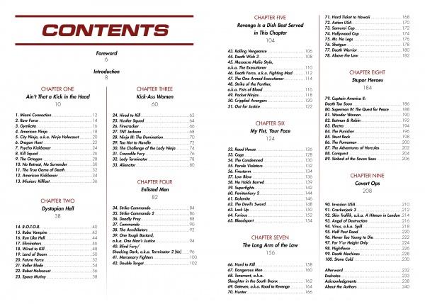 Table of contents page from the book "Mine's Bigger Than Yours" by Schiffer Publishing, Ltd., listing chapters like “Ain’t That a Kick in the Head,” “Kick-Ass Women,” and “Dystopian Hell,” inspired by action movies, with page numbers.