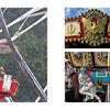 Left: A rain-soaked Ferris wheel at a Pennsylvania fair. Right top: Golden and red carousel decor. Right bottom: Close-up of blue, white, and gold carousel horses, from "Scenes from the Country Fair" by Schiffer Publishing, Ltd.