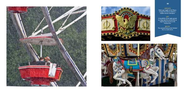Left: A rain-soaked Ferris wheel at a Pennsylvania fair. Right top: Golden and red carousel decor. Right bottom: Close-up of blue, white, and gold carousel horses, from "Scenes from the Country Fair" by Schiffer Publishing, Ltd.