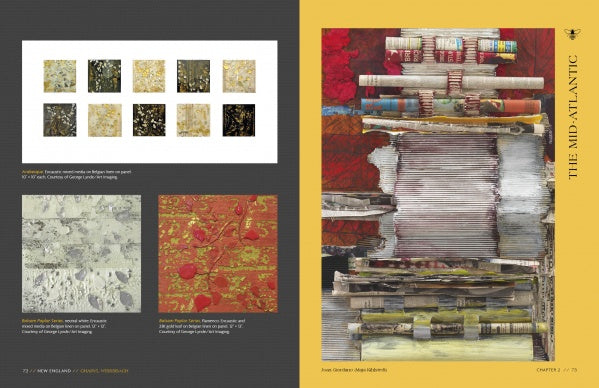 A two-page spread from Schiffer Publishing, Ltd.'s "Encaustic Art in the Twenty-First Century" displays textured, abstract mixed-media works in earthy reds and metallics, highlighting a collage titled "The Mid-Atlantic" on the right page.
