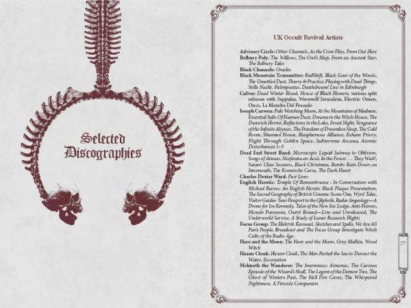 An ornate red spine with two skulls arches above “Selected Discographies.” At right, a typed list titled "UK Occult Revival Artists" details projects tied to horror—featured in The Thrill of Repulsion by Schiffer Publishing, Ltd.