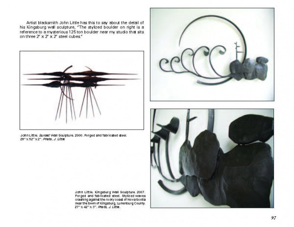 A page from Schiffer Publishing’s Ironwork Today 2 features three steel sculptures by John Little, including details on his Kingburg wall sculpture and a close-up photo emphasizing his signature curved and spiked metal forms.