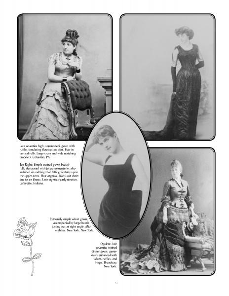A collage for "Victorian Costume for Ladies 1860-1900" by Schiffer Publishing, Ltd. shows four black-and-white photos of women in detailed 19th-century dresses, each with short captions and a small rose illustration at the bottom left.