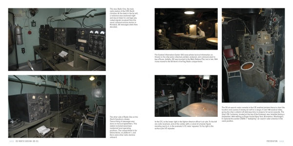 A two-page spread from Schiffer Publishing, Ltd.'s USS North Carolina (BB-55) shows vintage radio and communication gear aboard the WWII battleship, with images of consoles, dials, wires, and periscope, plus captions and descriptions.