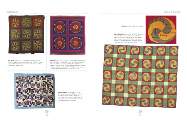 A page from "Southern Quilts" by Schiffer Publishing, Ltd. shows five vibrant quilts with geometric and spiral patterns, each with a brief description and dimensions on a white, minimally decorated background.