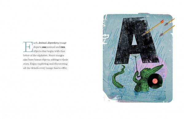 A large black letter A stands on a rainy blue background with an alligator, arrows, and a vintage album. Animal Abecedary by Schiffer Publishing, Ltd. features alphabet collages made from vintage engravings.