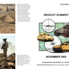 A two-page spread from Schiffer Publishing, Ltd.'s M2/M3 Bradley manual showcases action photos of the infantry fighting vehicle, soldiers in combat, and diagrams of gun sights and targeting. The manual is titled "Bradley Gunnery," November 2003.
