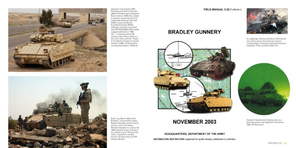A two-page spread from Schiffer Publishing, Ltd.'s M2/M3 Bradley manual showcases action photos of the infantry fighting vehicle, soldiers in combat, and diagrams of gun sights and targeting. The manual is titled "Bradley Gunnery," November 2003.