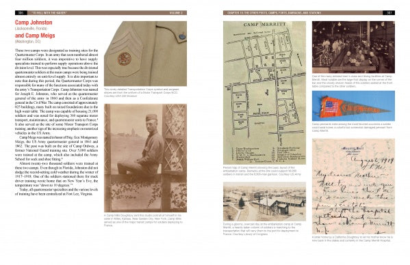 “To Hell with the Kaiser, Vol. II” by Schiffer Publishing, Ltd. features spreads with historical photos, maps, letters, a pennant, uniform details, and Doughboys group shots highlighting U.S. Army history at Camp Johnston and Camp Meigs.