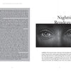 An open book displays text on both pages. The right page shows a grayscale woman's eyes behind clock lines, symbolizing empathy, with “The Empath and the Dark Road,” Schiffer Publishing, Ltd., and a large 5 beside the image.