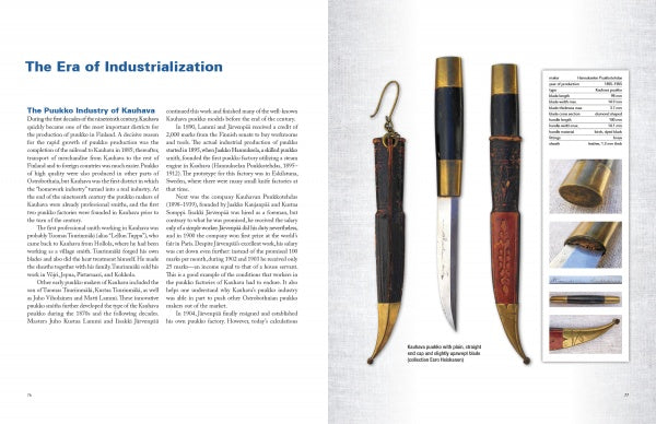 A two-page spread from Schiffer Publishing, Ltd.'s "The Puukko": the left page is titled "The Era of Industrialization," while the right displays three detailed images of Finnish knives, a specs chart, and captions highlighting the puukko.