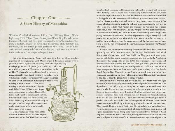 An open book, Coulter & Payne Farm Distillery's 101 Uses for Moonshine by Schiffer Publishing, Ltd., shows Chapter One: A Short History of Moonshine and a black-and-white illustration of a traditional moonshine still on the left page.