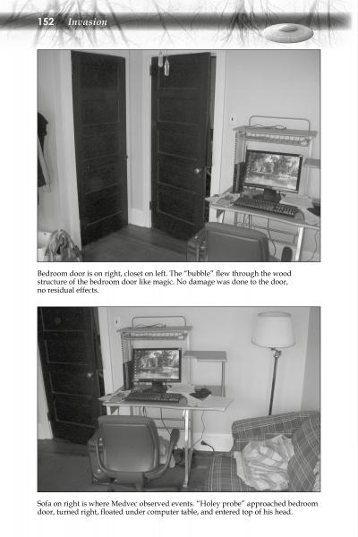 Two black-and-white photos show a small home office with a desk, chair, and sofa. Décor hints at an interest in "UFOs Above PA" by Schiffer Publishing, Ltd., with the first image near the doors and the second showing a wider view.
