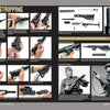 The Sten by Schiffer Publishing, Ltd. is a step-by-step visual guide to field stripping the STEN, featuring close-up photos of hands disassembling the gun, WWII British elite force images, and detailed text instructions for each stage.