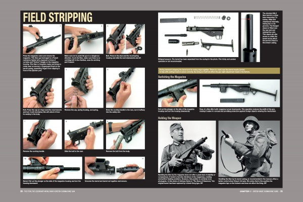 The Sten by Schiffer Publishing, Ltd. is a step-by-step visual guide to field stripping the STEN, featuring close-up photos of hands disassembling the gun, WWII British elite force images, and detailed text instructions for each stage.