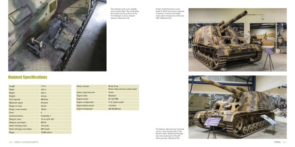 Two museum display photos of a German WWII Hummel self-propelled artillery, plus a specs table, with detailed views of its exterior, camouflage, and tracks. From "Hummel and Nashorn/Hornisse" by Schiffer Publishing, Ltd.