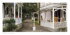 A quiet, tree-lined path in Oak Bluffs runs between white houses with porches and flowers—a perfect scene captured in "Oak Bluffs on the Vineyard" by Schiffer Publishing, Ltd., ideal for any Martha’s Vineyard souvenir book.