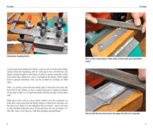 Making Full Tang Knives for Beginners by Schiffer Publishing, Ltd. offers step-by-step instructions for filing a fixed-blade knife, using a homemade clamping device and guiding beginners through filing both sides—perfect for novice knife makers.