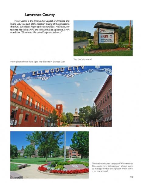 Small Town Pennsylvania from Schiffer Publishing, Ltd. features a photographic tour of Lawrence County, PA—showcasing the blue Ellwood City arch, campus building, brick courthouse, and Slovenska Narodna Podporna Jednota sign with descriptive captions.