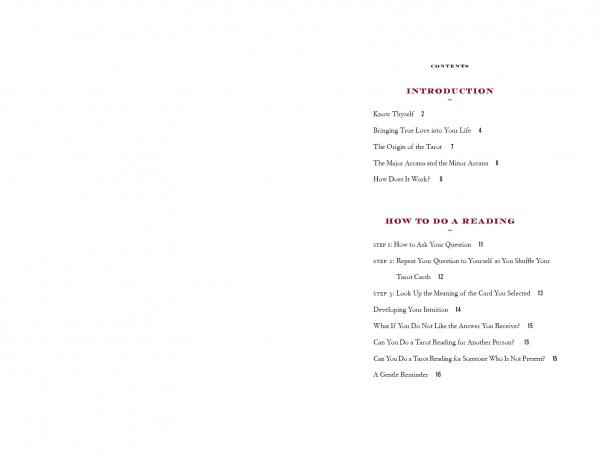 The Enchanted Love Tarot by Schiffer Publishing, Ltd. features a minimal table of contents with sections like Introduction and How to Do a Reading, covering topics such as soul mate connections and using a Tarot deck in relationships.