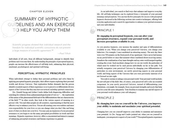 The left page of Perceptual Hypnosis by Schiffer Publishing, Ltd. features guidelines and an exercise, while the right page presents three perceptual hypnosis principles for spiritual growth and transformation.