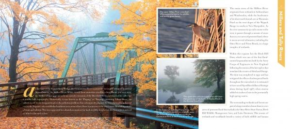 A green metal bridge crosses a river in Central Massachusetts amid autumn trees; insets show a bird by water and the misty Connecticut River. “Central Massachusetts Perspectives” by Schiffer Publishing, Ltd. is noted at the right.
