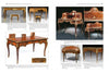 Two catalog pages feature Magnificent 19th Century Furniture by Schiffer Publishing, Ltd., highlighting ornate European antique desks and tables with exquisite woodwork, inlays, gold accents, detailed descriptions, and reference images.