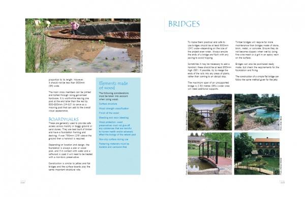 A two-page spread from "A Guide to Building Natural Swimming Pools" by Schiffer Publishing, Ltd. showcases boardwalks, bridges, and pools with text, a large curved waterside walkway photo, smaller bridge images, and blue/white text boxes.