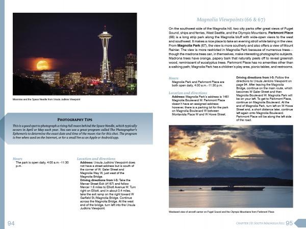 Scenic Seattle by Schiffer Publishing, Ltd. showcases nighttime skylines with the Space Needle, a vivid orange moon, and tranquil sunsets. Includes top Seattle photo spots with tips, making it an essential Seattle photography guide.