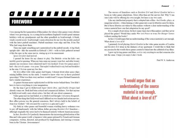 In "Lights, Camera, Game Over!" by Schiffer Publishing, Ltd., the left page features a Foreword with a clapperboard graphic and Hollywood filmmaking insights, while the right showcases an orange-and-black quote and Paul W. S. Anderson’s reflection.