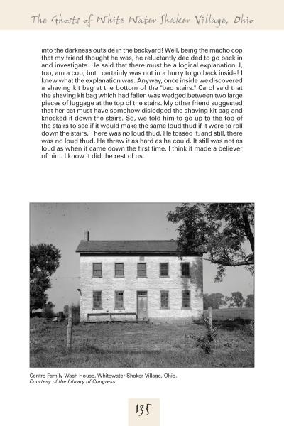 A black-and-white photo on "Shaker Spirits, Shaker Ghosts" by Schiffer Publishing, Ltd. shows a two-story house with porch and chimneys, two adults and two children in front, and a passage above detailing haunted Shaker tales.