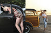 Two women evoke vintage pinup style by classic cars—one in a floral romper, the other in a white crop top and capris—near the beach, as seen in "Kittens and Kulture" from Schiffer Publishing, Ltd.