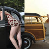 Two women evoke vintage pinup style by classic cars—one in a floral romper, the other in a white crop top and capris—near the beach, as seen in "Kittens and Kulture" from Schiffer Publishing, Ltd.
