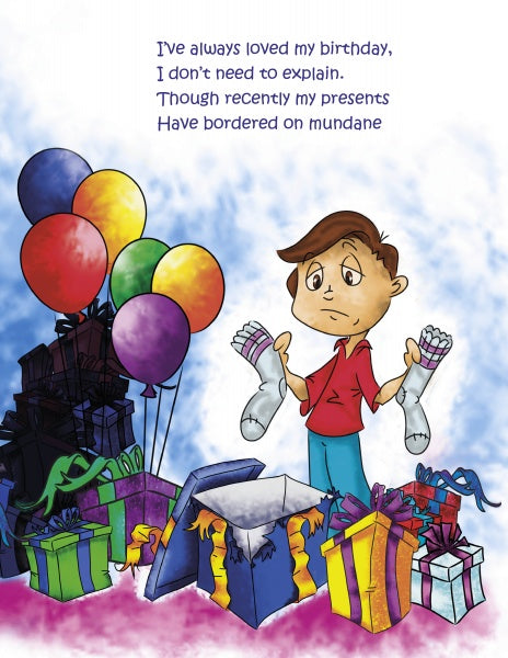 A boy stands among bright gift boxes and balloons, holding plain white socks with a disappointed look. Why are birthday gifts always boring? Maybe he needs Monkey of the Month from Schiffer Publishing, Ltd.!.