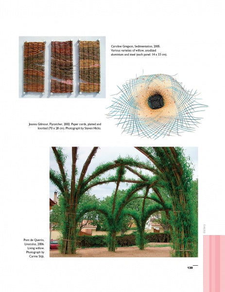 Basketry by Schiffer Publishing, Ltd. features three woven panels, a circular blue-lined artwork, and an arched willow structure in a garden—demonstrating basketry techniques, with artist names, artwork titles, and photo credits in small text.