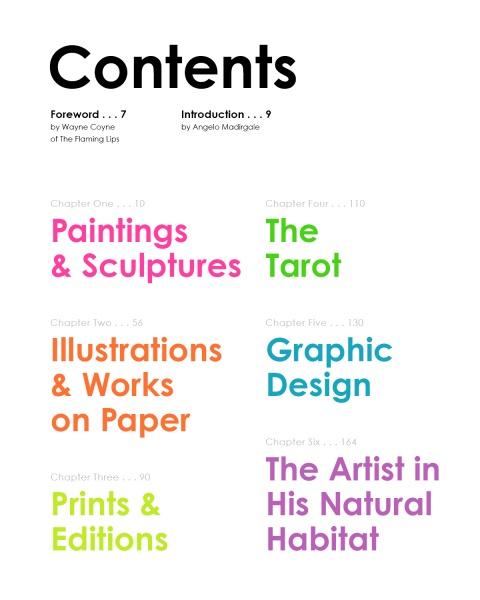 The "Eye See You" table of contents by Schiffer Publishing, Ltd. features vibrant neo-psychedelic section titles: Paintings & Sculptures, Illustrations & Works on Paper, Prints & Editions, The Tarot, Graphic Design, and The Artist in His Natural Habitat.