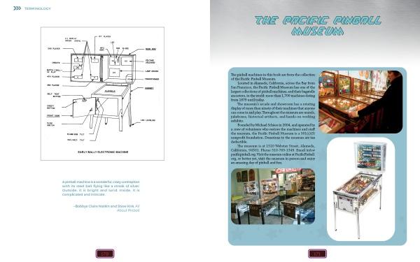 A two-page spread from "Your Pinball Machine" by Schiffer Publishing, Ltd. includes diagrams, photos, historical text, detailed captions on pinball maintenance, and showcases classic pinball machines.