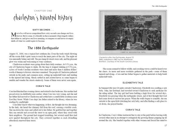 A two-page spread from Ghosts and Legends of Charleston, South Carolina by Schiffer Publishing, Ltd. features text on the city's haunted history and the 1886 earthquake, plus a black-and-white illustration of survivors in a park.