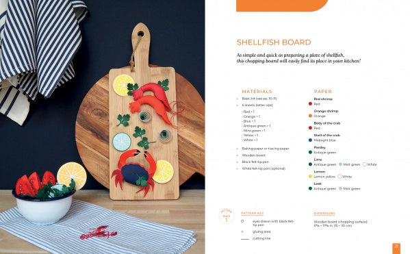Schiffer Publishing, Ltd.’s "Paper Joy for Every Room" features creative DIY paper projects—crab, shrimp, lemon slices, herbs—displayed on a chopping board and tray. Nearby are napkins and more paper crafts for charming home decor accents.
