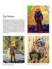 A page from Newbrow by Schiffer Publishing, Ltd. showcases three vibrant pop-surrealist Tony Philippou paintings: a man with a blue bear in a city, a winged angel over a crowd, and a haloed man with a lion. Artist bio and artwork details appear on the left.